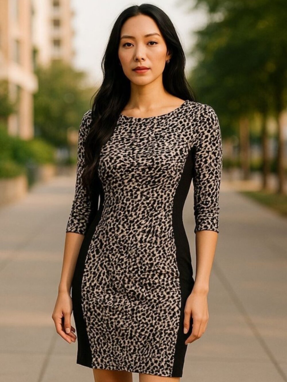 LRL Ralph Lauren Black Off White Animal Print Sheath Dress Size 8 Lined Stretch